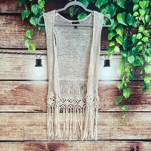 Fang Crochet Fringe Sleeveless Knit Vest XS Boho Festival Beachy Coverup Sweater